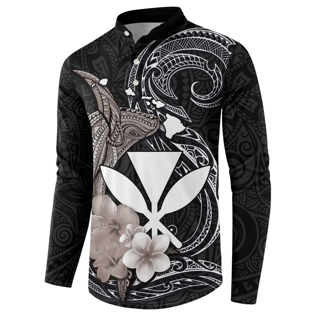 Hawaiian Whale and Kanaka Maoli Symbol Button Sweatshirt Hibiscus with Hawaii Map and Polynesian Tattoo Grayscale Color
