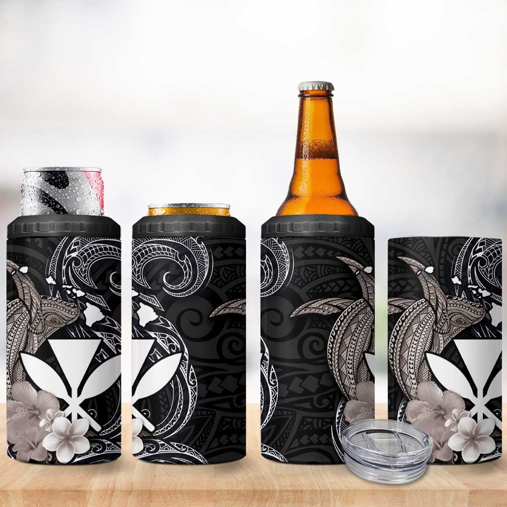 Hawaiian Whale and Kanaka Maoli Symbol 4 in 1 Can Cooler Tumbler Hibiscus with Hawaii Map and Polynesian Tattoo Grayscale Color