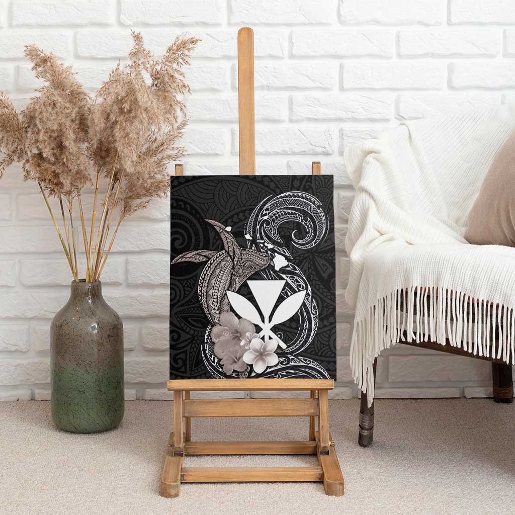 Hawaiian Whale and Kanaka Maoli Symbol Canvas Wall Art Hibiscus with Hawaii Map and Polynesian Tattoo Grayscale Color