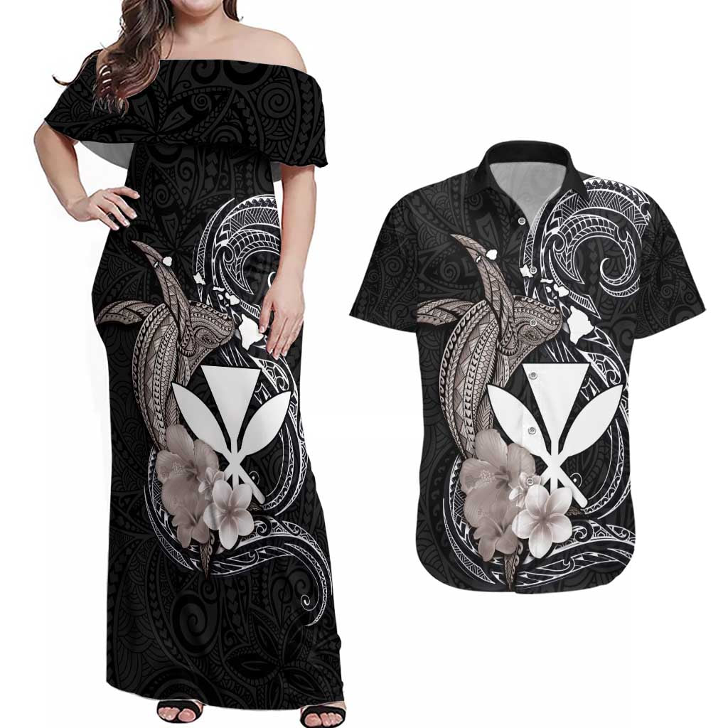 Hawaiian Whale and Kanaka Maoli Symbol Couples Matching Off Shoulder Maxi Dress and Hawaiian Shirt Hibiscus with Hawaii Map and Polynesian Tattoo Grayscale Color