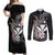 Hawaiian Whale and Kanaka Maoli Symbol Couples Matching Off Shoulder Maxi Dress and Long Sleeve Button Shirt Hibiscus with Hawaii Map and Polynesian Tattoo Grayscale Color