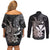 Hawaiian Whale and Kanaka Maoli Symbol Couples Matching Off Shoulder Short Dress and Long Sleeve Button Shirt Hibiscus with Hawaii Map and Polynesian Tattoo Grayscale Color
