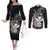 Hawaiian Whale and Kanaka Maoli Symbol Couples Matching Off The Shoulder Long Sleeve Dress and Long Sleeve Button Shirt Hibiscus with Hawaii Map and Polynesian Tattoo Grayscale Color