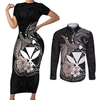 Hawaiian Whale and Kanaka Maoli Symbol Couples Matching Short Sleeve Bodycon Dress and Long Sleeve Button Shirt Hibiscus with Hawaii Map and Polynesian Tattoo Grayscale Color
