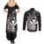 Hawaiian Whale and Kanaka Maoli Symbol Couples Matching Summer Maxi Dress and Long Sleeve Button Shirt Hibiscus with Hawaii Map and Polynesian Tattoo Grayscale Color