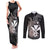 Hawaiian Whale and Kanaka Maoli Symbol Couples Matching Tank Maxi Dress and Long Sleeve Button Shirt Hibiscus with Hawaii Map and Polynesian Tattoo Grayscale Color