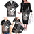 Hawaiian Whale and Kanaka Maoli Symbol Family Matching Off The Shoulder Long Sleeve Dress and Hawaiian Shirt Hibiscus with Hawaii Map and Polynesian Tattoo Grayscale Color