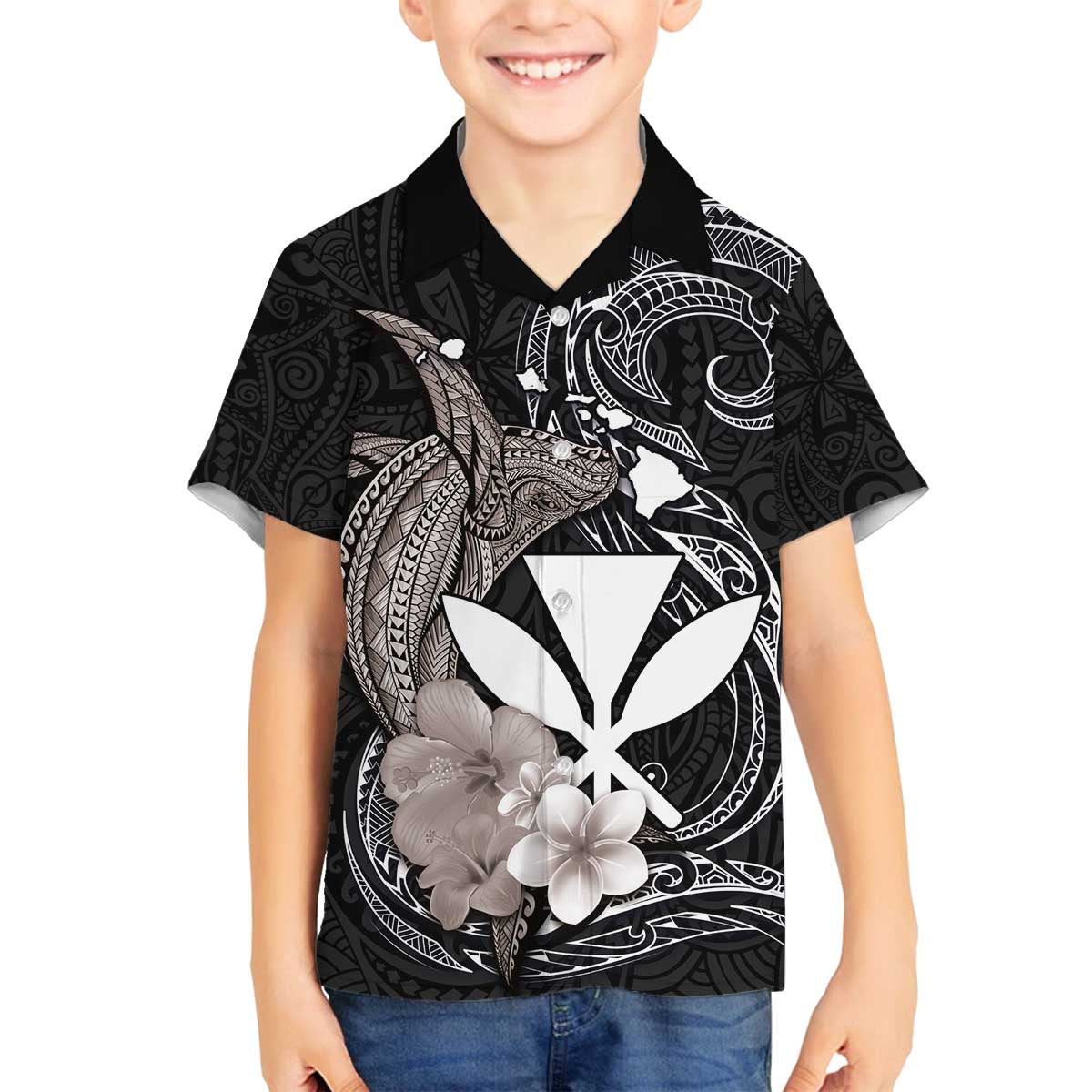 Hawaiian Whale and Kanaka Maoli Symbol Family Matching Off The Shoulder Long Sleeve Dress and Hawaiian Shirt Hibiscus with Hawaii Map and Polynesian Tattoo Grayscale Color