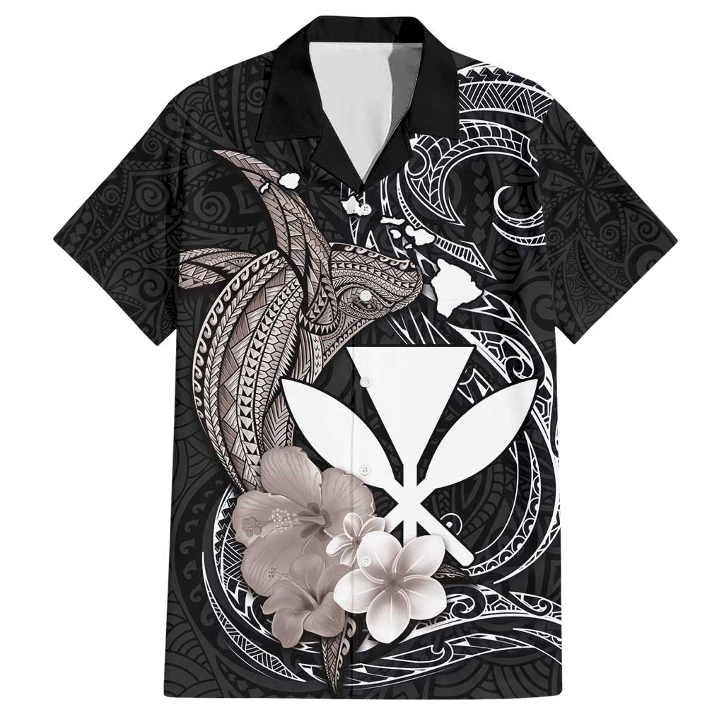 Hawaiian Whale and Kanaka Maoli Symbol Family Matching Short Sleeve Bodycon Dress and Hawaiian Shirt Hibiscus with Hawaii Map and Polynesian Tattoo Grayscale Color