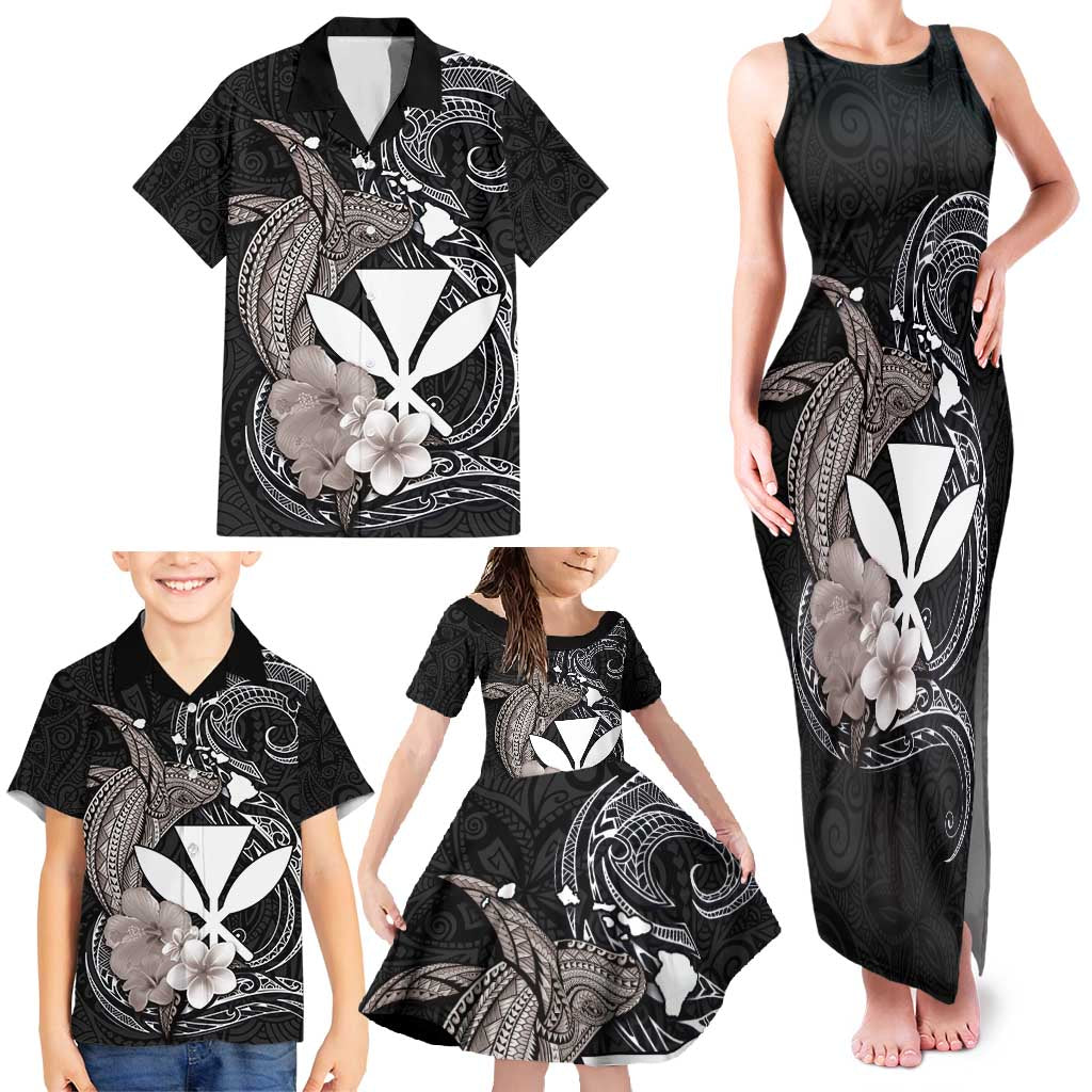 Hawaiian Whale and Kanaka Maoli Symbol Family Matching Tank Maxi Dress and Hawaiian Shirt Hibiscus with Hawaii Map and Polynesian Tattoo Grayscale Color