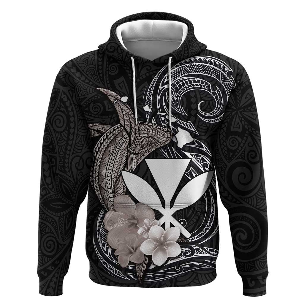 Hawaiian Whale and Kanaka Maoli Symbol Hoodie Hibiscus with Hawaii Map and Polynesian Tattoo Grayscale Color