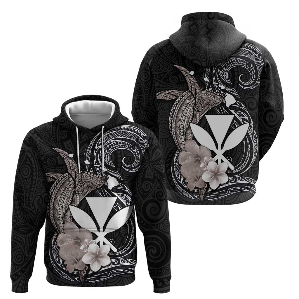 Hawaiian Whale and Kanaka Maoli Symbol Hoodie Hibiscus with Hawaii Map and Polynesian Tattoo Grayscale Color