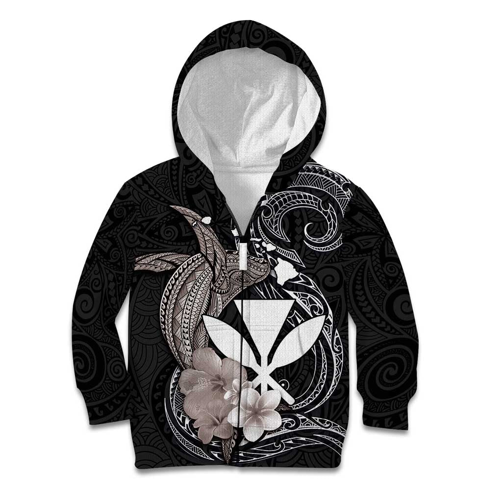 Hawaiian Whale and Kanaka Maoli Symbol Kid Hoodie Hibiscus with Hawaii Map and Polynesian Tattoo Grayscale Color