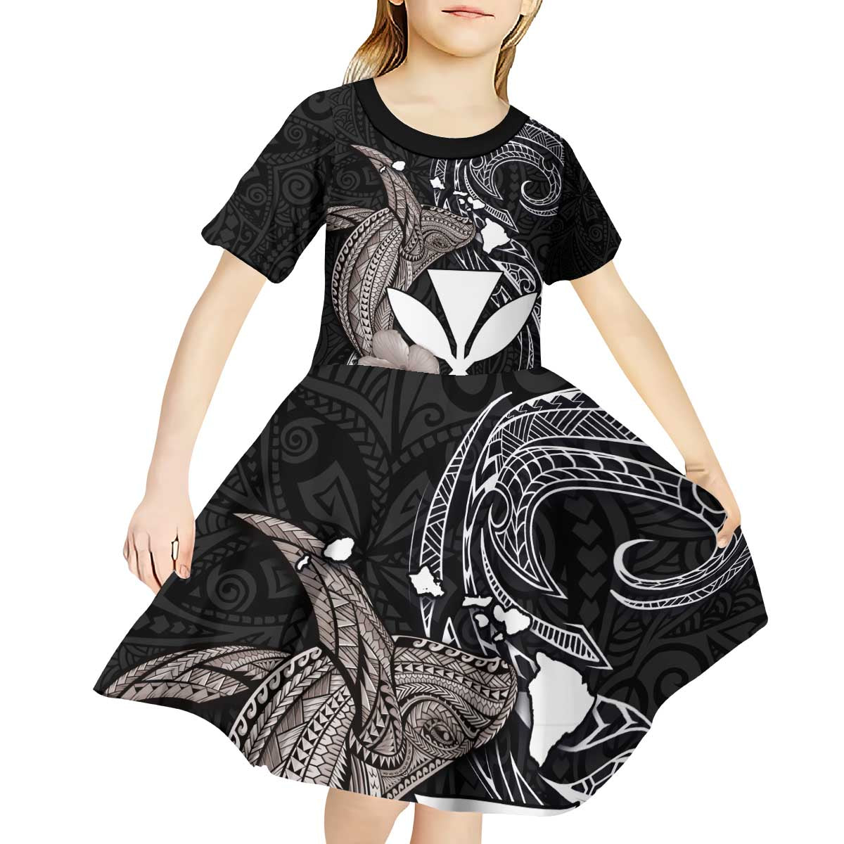 Hawaiian Whale and Kanaka Maoli Symbol Kid Short Sleeve Dress Hibiscus with Hawaii Map and Polynesian Tattoo Grayscale Color