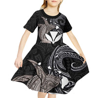 Hawaiian Whale and Kanaka Maoli Symbol Kid Short Sleeve Dress Hibiscus with Hawaii Map and Polynesian Tattoo Grayscale Color