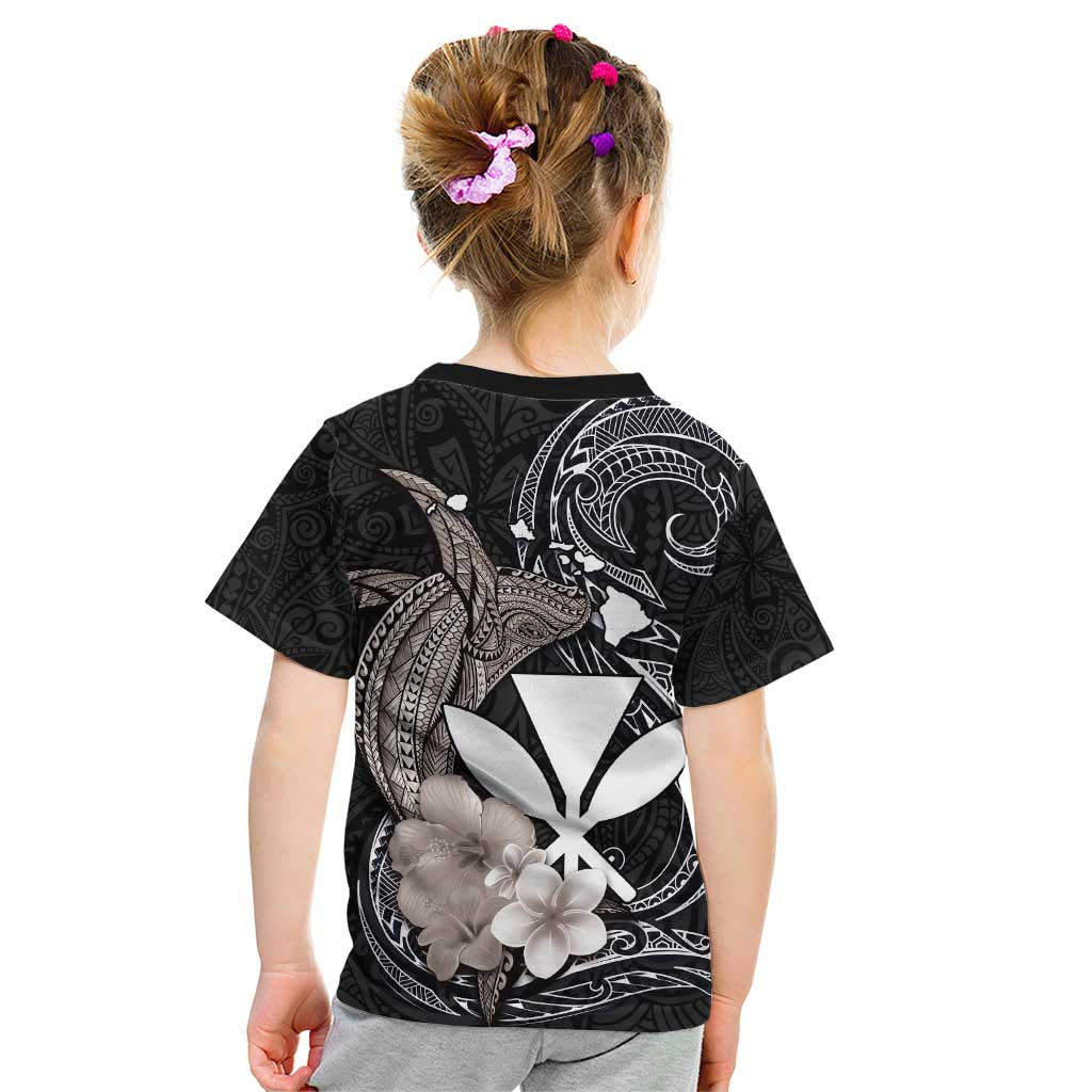 Hawaiian Whale and Kanaka Maoli Symbol Kid T Shirt Hibiscus with Hawaii Map and Polynesian Tattoo Grayscale Color