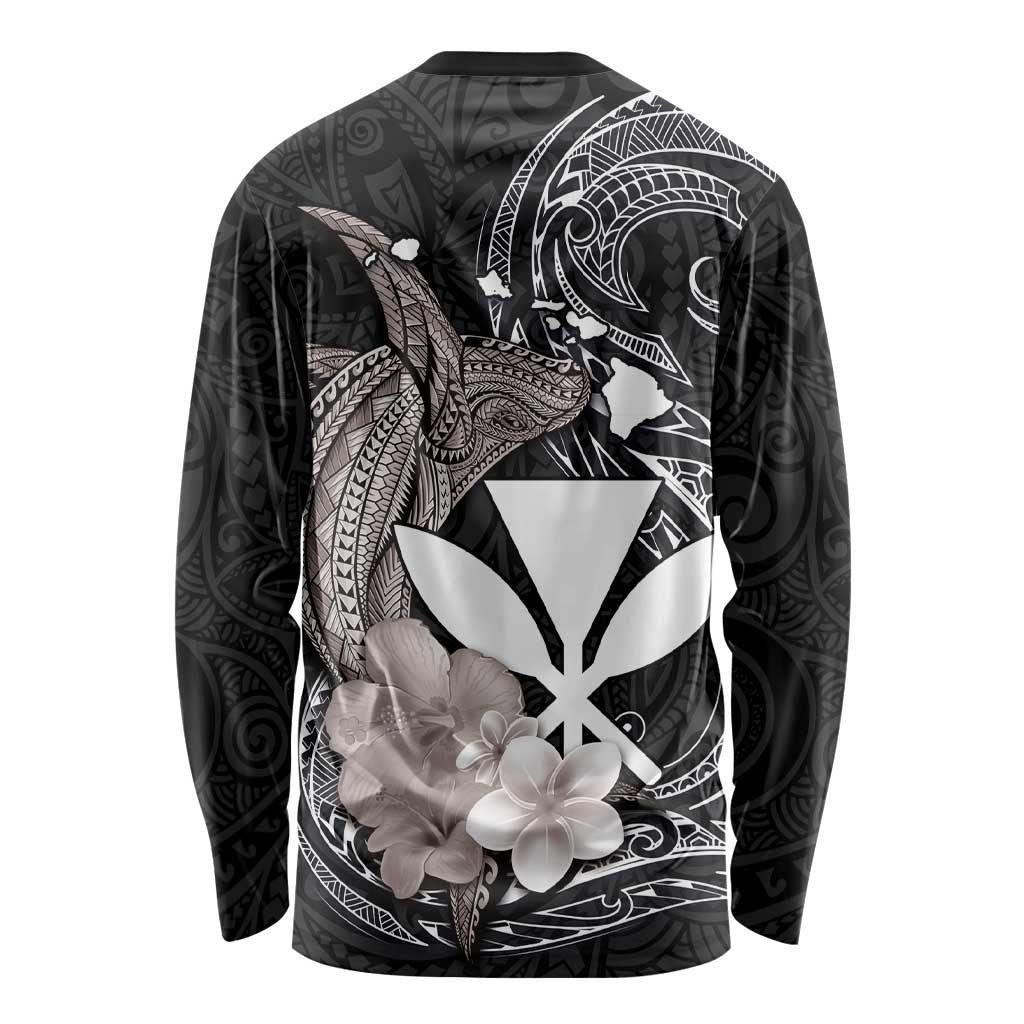 Hawaiian Whale and Kanaka Maoli Symbol Long Sleeve Shirt Hibiscus with Hawaii Map and Polynesian Tattoo Grayscale Color