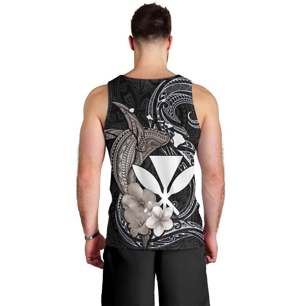 Hawaiian Whale and Kanaka Maoli Symbol Men Tank Top Hibiscus with Hawaii Map and Polynesian Tattoo Grayscale Color