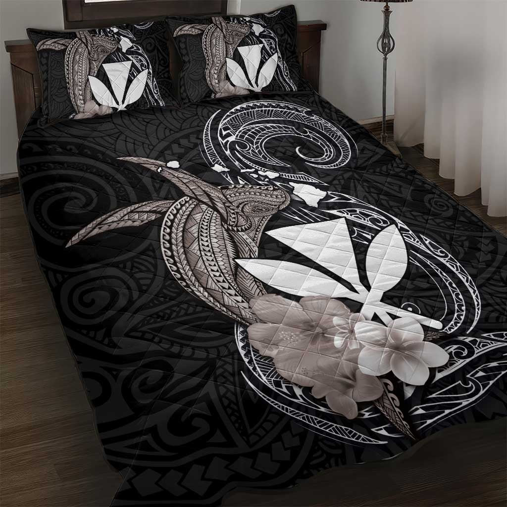 Hawaiian Whale and Kanaka Maoli Symbol Quilt Bed Set Hibiscus with Hawaii Map and Polynesian Tattoo Grayscale Color