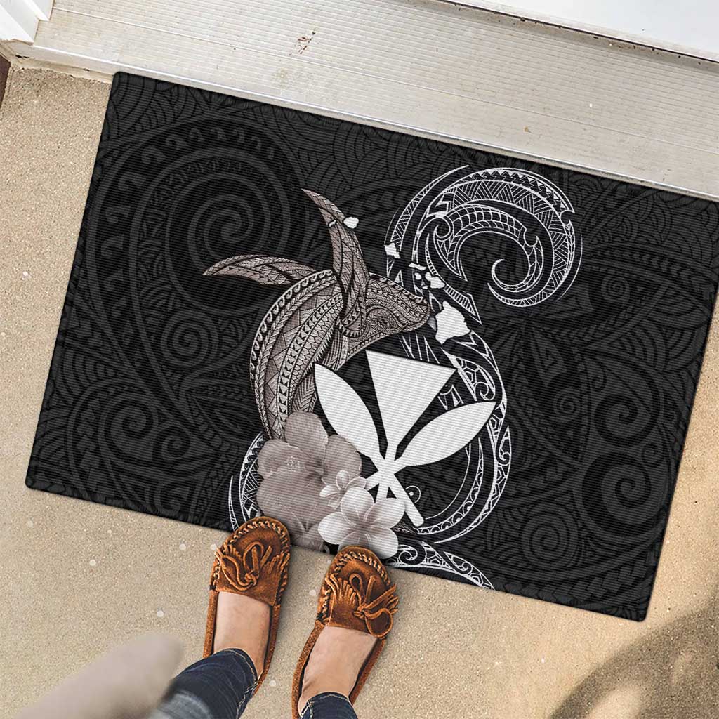 Hawaiian Whale and Kanaka Maoli Symbol Rubber Doormat Hibiscus with Hawaii Map and Polynesian Tattoo Grayscale Color