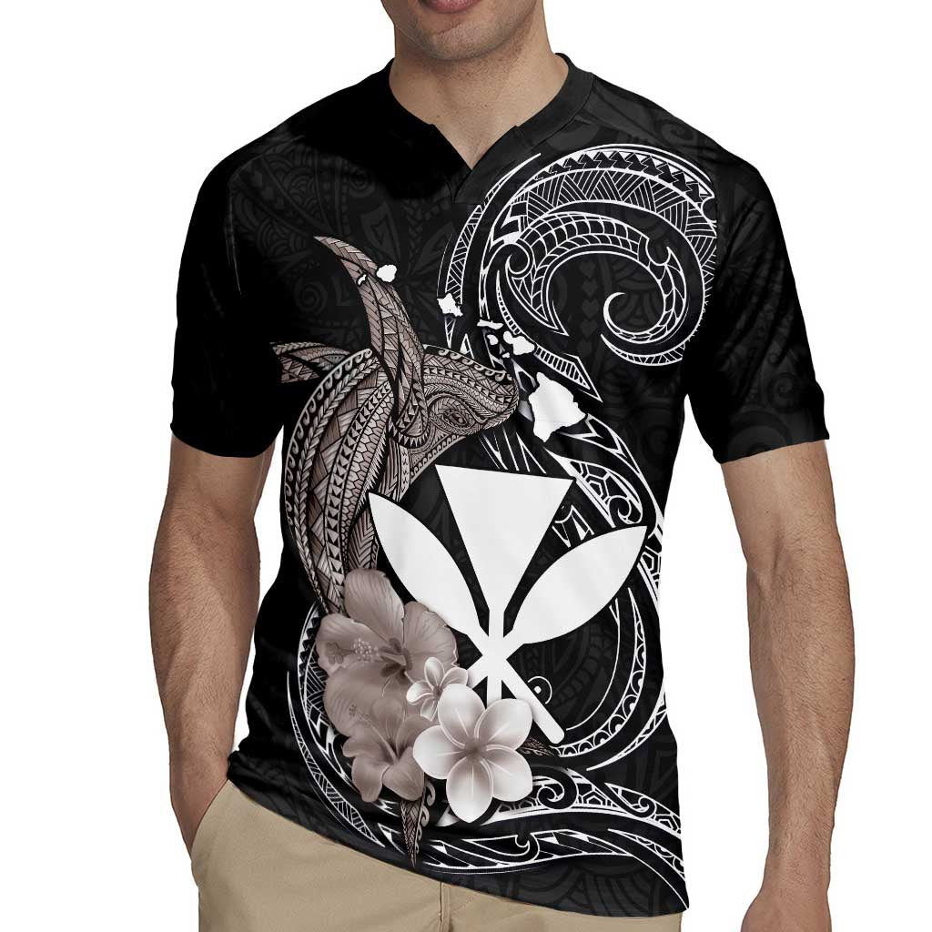 Hawaiian Whale and Kanaka Maoli Symbol Rugby Jersey Hibiscus with Hawaii Map and Polynesian Tattoo Grayscale Color