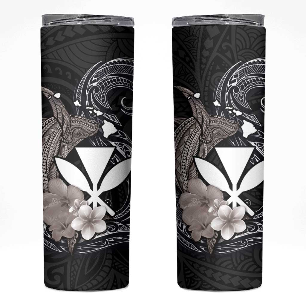 Hawaiian Whale and Kanaka Maoli Symbol Skinny Tumbler Hibiscus with Hawaii Map and Polynesian Tattoo Grayscale Color