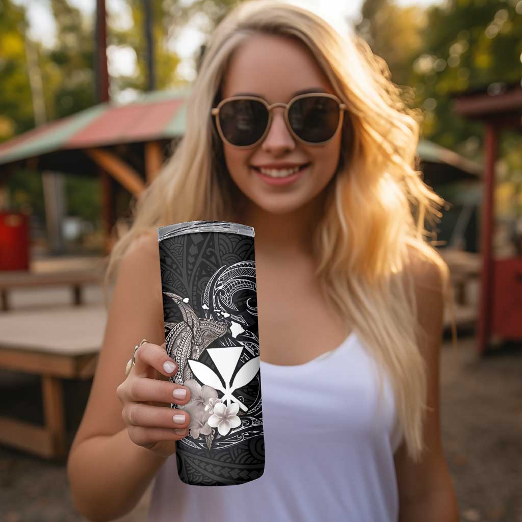 Hawaiian Whale and Kanaka Maoli Symbol Skinny Tumbler Hibiscus with Hawaii Map and Polynesian Tattoo Grayscale Color