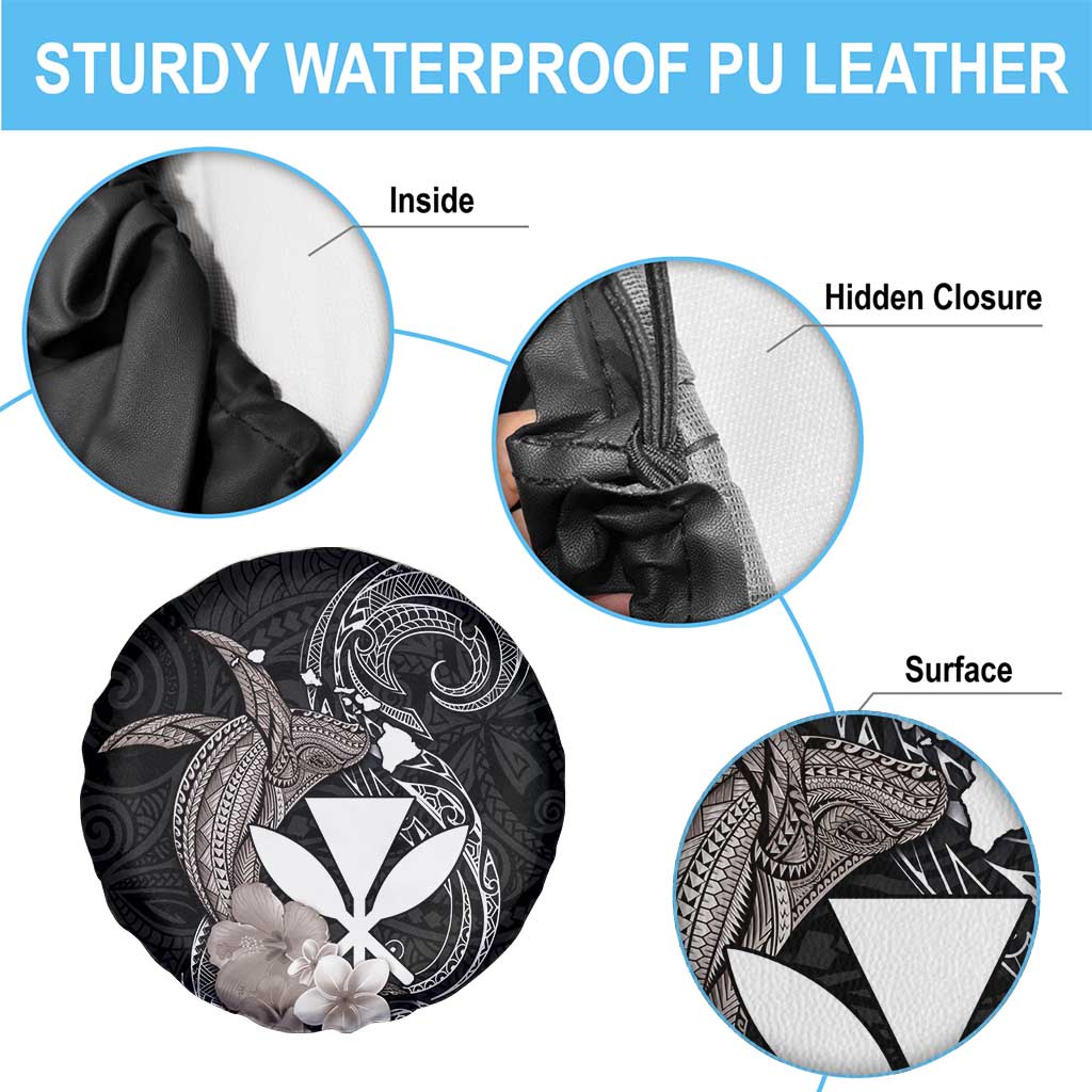 Hawaiian Whale and Kanaka Maoli Symbol Spare Tire Cover Hibiscus with Hawaii Map and Polynesian Tattoo Grayscale Color