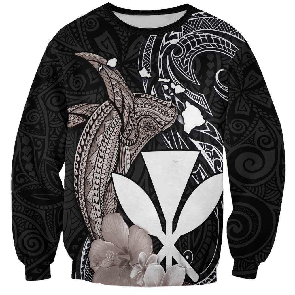 Hawaiian Whale and Kanaka Maoli Symbol Sweatshirt Hibiscus with Hawaii Map and Polynesian Tattoo Grayscale Color