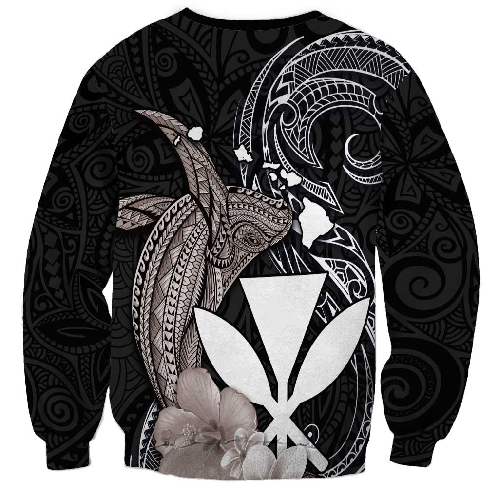 Hawaiian Whale and Kanaka Maoli Symbol Sweatshirt Hibiscus with Hawaii Map and Polynesian Tattoo Grayscale Color
