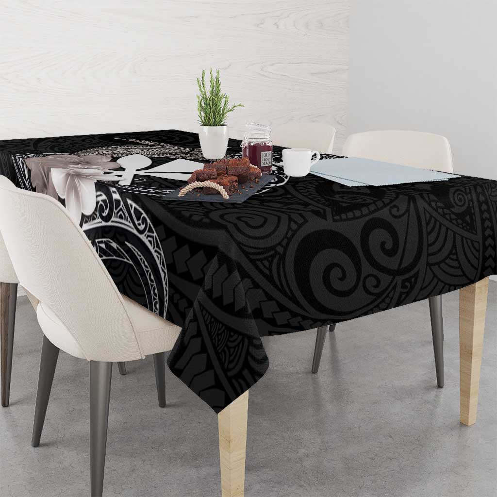 Hawaiian Whale and Kanaka Maoli Symbol Tablecloth Hibiscus with Hawaii Map and Polynesian Tattoo Grayscale Color