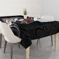 Hawaiian Whale and Kanaka Maoli Symbol Tablecloth Hibiscus with Hawaii Map and Polynesian Tattoo Grayscale Color