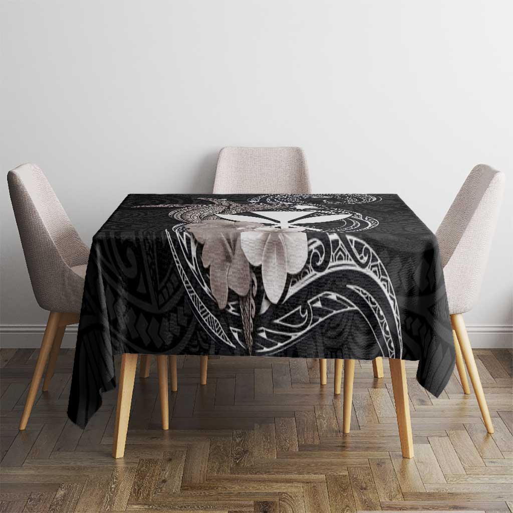 Hawaiian Whale and Kanaka Maoli Symbol Tablecloth Hibiscus with Hawaii Map and Polynesian Tattoo Grayscale Color