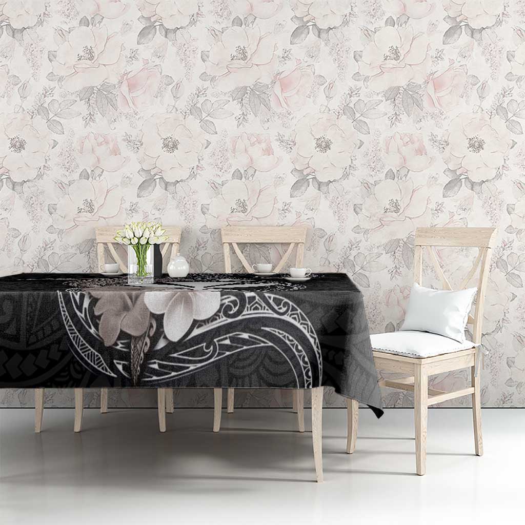 Hawaiian Whale and Kanaka Maoli Symbol Tablecloth Hibiscus with Hawaii Map and Polynesian Tattoo Grayscale Color