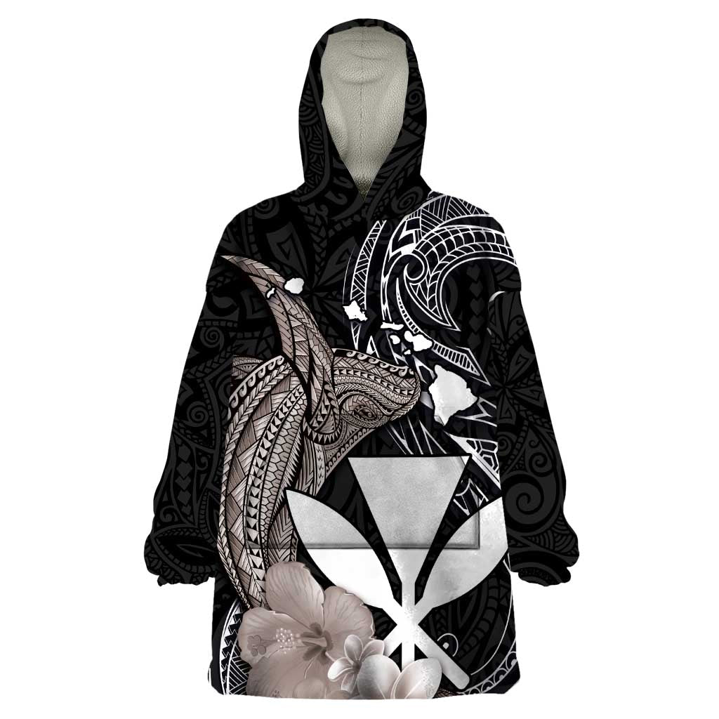 Hawaiian Whale and Kanaka Maoli Symbol Wearable Blanket Hoodie Hibiscus with Hawaii Map and Polynesian Tattoo Grayscale Color