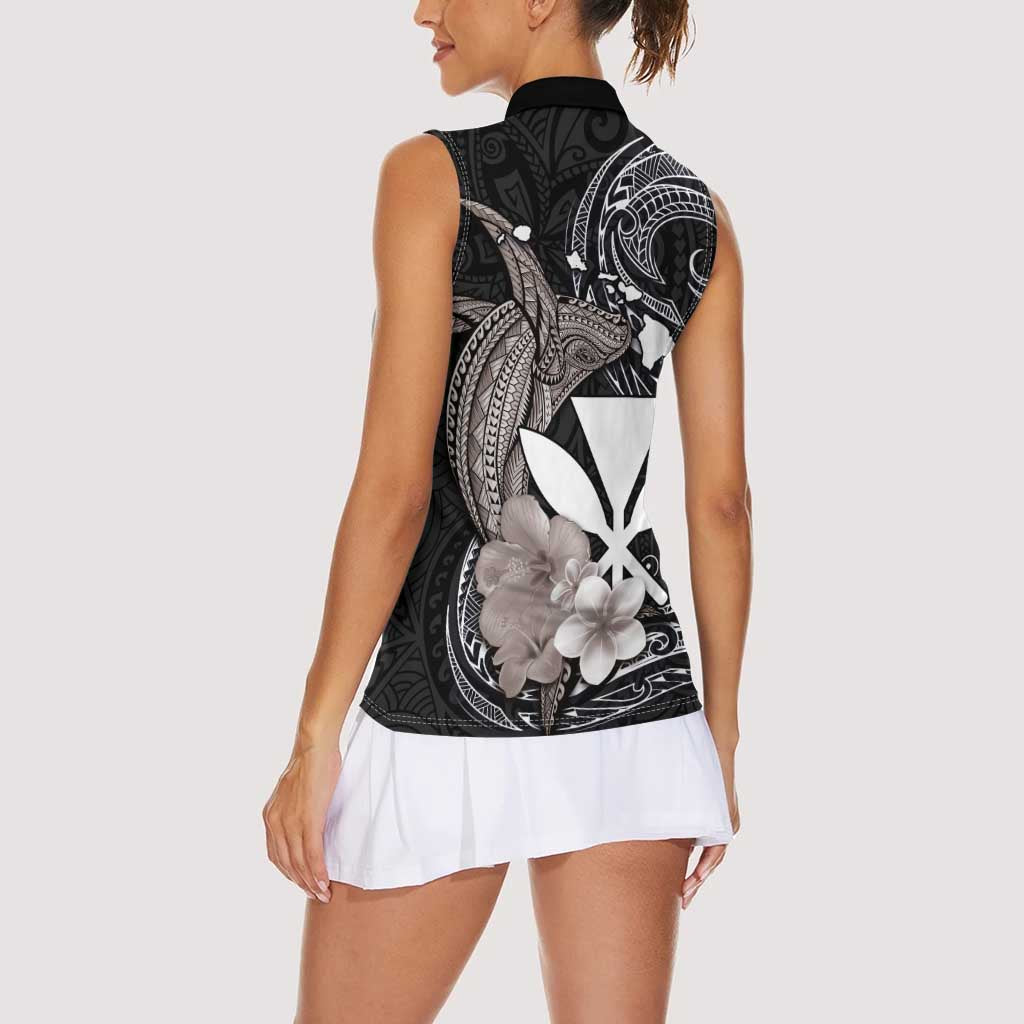 Hawaiian Whale and Kanaka Maoli Symbol Women Sleeveless Polo Shirt Hibiscus with Hawaii Map and Polynesian Tattoo Grayscale Color