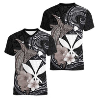 Hawaiian Whale and Kanaka Maoli Symbol Women V-Neck T-Shirt Hibiscus with Hawaii Map and Polynesian Tattoo Grayscale Color