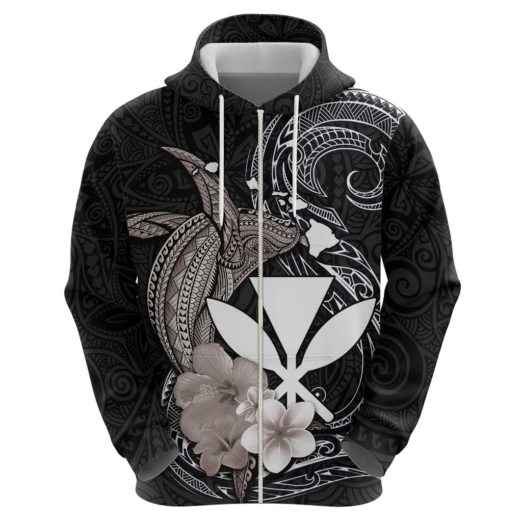 Hawaiian Whale and Kanaka Maoli Symbol Zip Hoodie Hibiscus with Hawaii Map and Polynesian Tattoo Grayscale Color