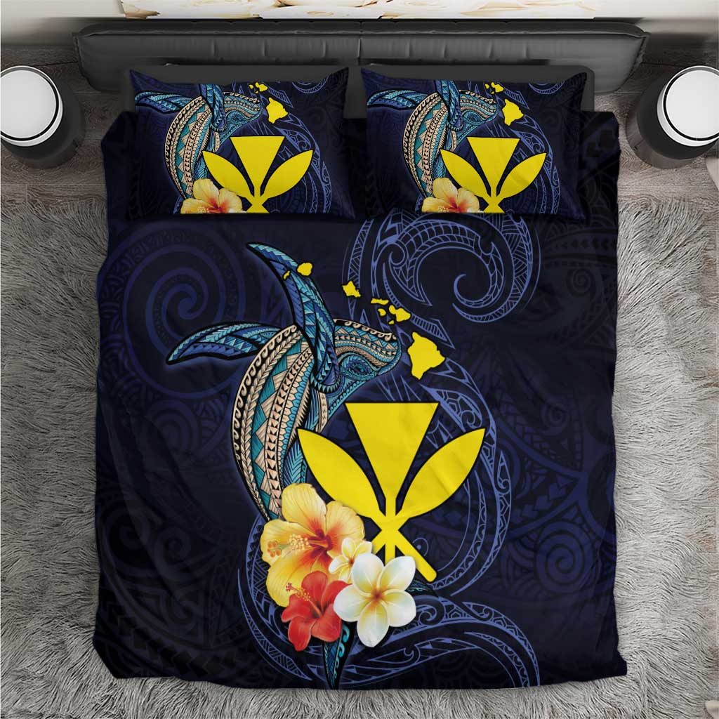 Hawaiian Whale and Kanaka Maoli Symbol Bedding Set Hibiscus with Hawaii Map and Polynesian Tattoo Deep Sea Color