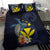 Hawaiian Whale and Kanaka Maoli Symbol Bedding Set Hibiscus with Hawaii Map and Polynesian Tattoo Deep Sea Color