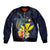 Hawaiian Whale and Kanaka Maoli Symbol Bomber Jacket Hibiscus with Hawaii Map and Polynesian Tattoo Deep Sea Color