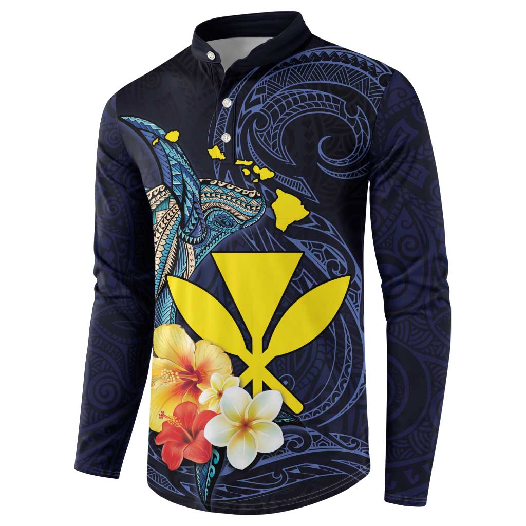 Hawaiian Whale and Kanaka Maoli Symbol Button Sweatshirt Hibiscus with Hawaii Map and Polynesian Tattoo Deep Sea Color