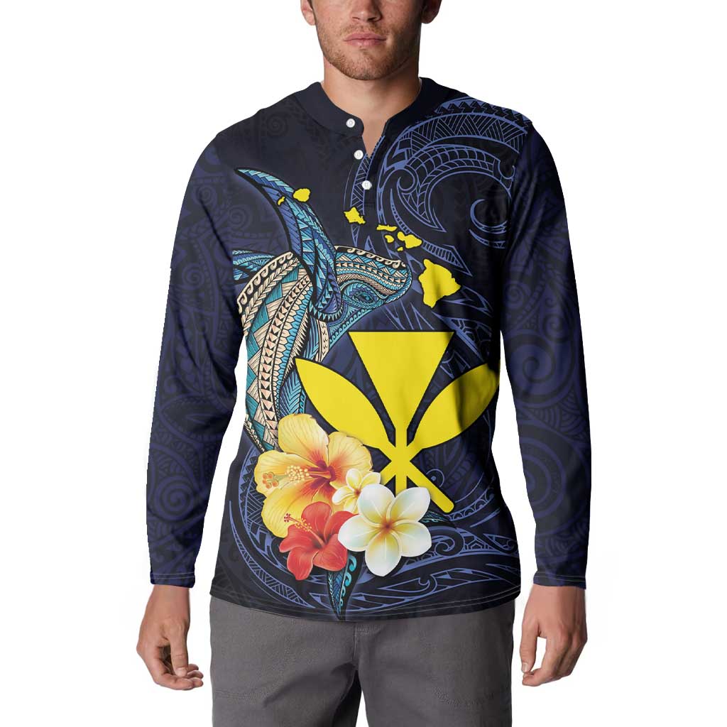 Hawaiian Whale and Kanaka Maoli Symbol Button Sweatshirt Hibiscus with Hawaii Map and Polynesian Tattoo Deep Sea Color