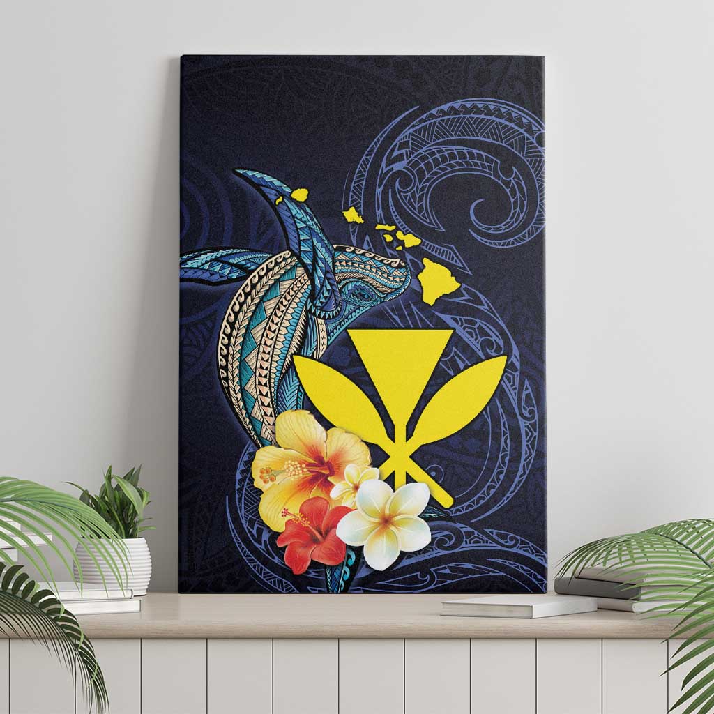 Hawaiian Whale and Kanaka Maoli Symbol Canvas Wall Art Hibiscus with Hawaii Map and Polynesian Tattoo Deep Sea Color