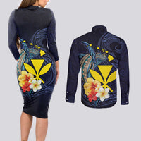 Hawaiian Whale and Kanaka Maoli Symbol Couples Matching Long Sleeve Bodycon Dress and Long Sleeve Button Shirt Hibiscus with Hawaii Map and Polynesian Tattoo Deep Sea Color