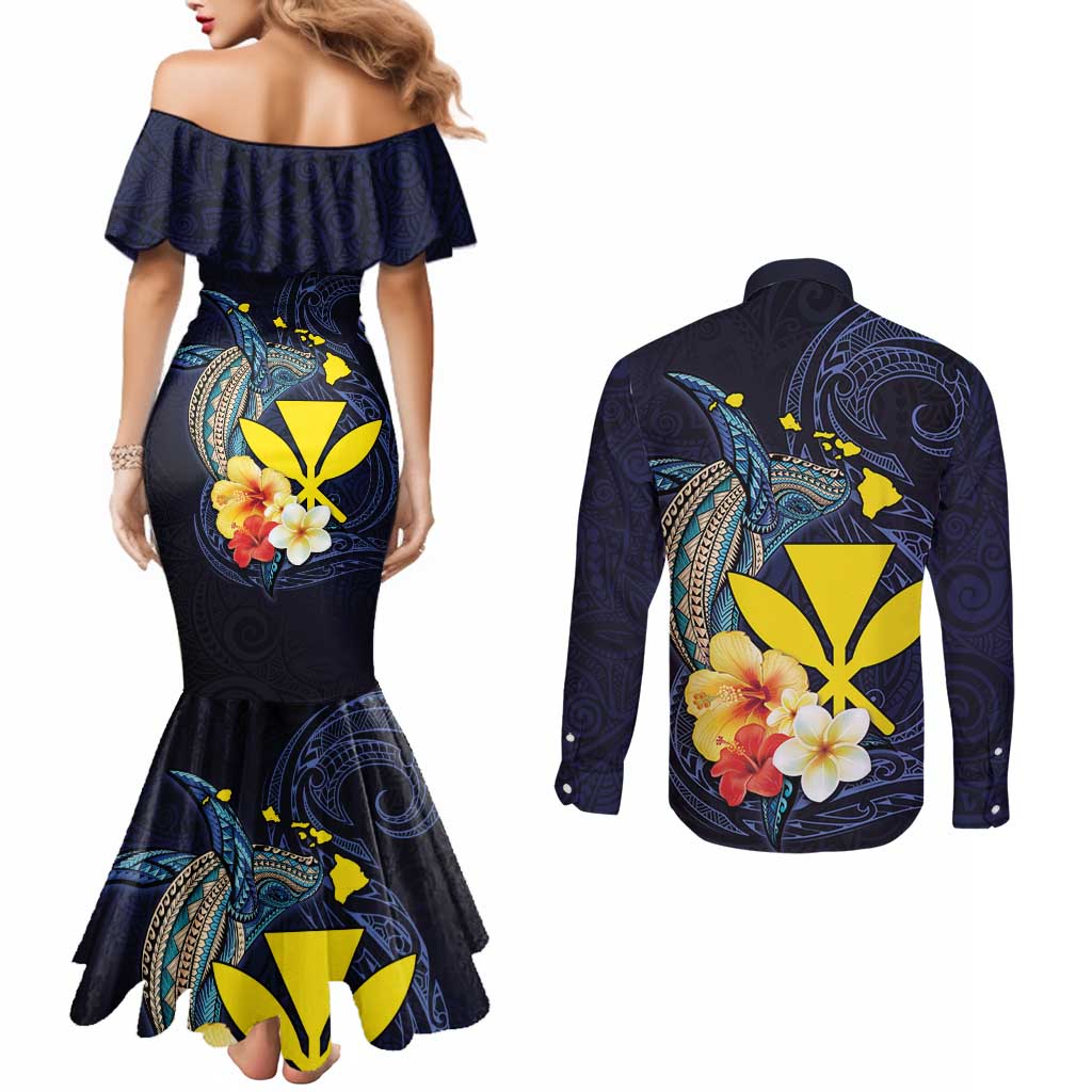 Hawaiian Whale and Kanaka Maoli Symbol Couples Matching Mermaid Dress and Long Sleeve Button Shirt Hibiscus with Hawaii Map and Polynesian Tattoo Deep Sea Color