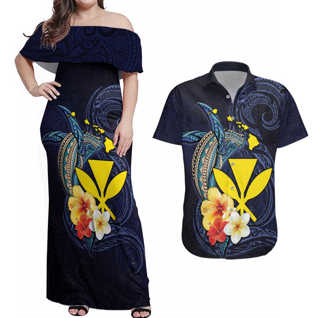 Hawaiian Whale and Kanaka Maoli Symbol Couples Matching Off Shoulder Maxi Dress and Hawaiian Shirt Hibiscus with Hawaii Map and Polynesian Tattoo Deep Sea Color