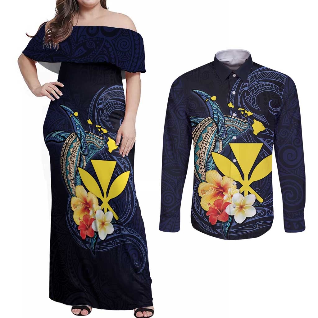 Hawaiian Whale and Kanaka Maoli Symbol Couples Matching Off Shoulder Maxi Dress and Long Sleeve Button Shirt Hibiscus with Hawaii Map and Polynesian Tattoo Deep Sea Color