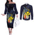 Hawaiian Whale and Kanaka Maoli Symbol Couples Matching Off The Shoulder Long Sleeve Dress and Long Sleeve Button Shirt Hibiscus with Hawaii Map and Polynesian Tattoo Deep Sea Color