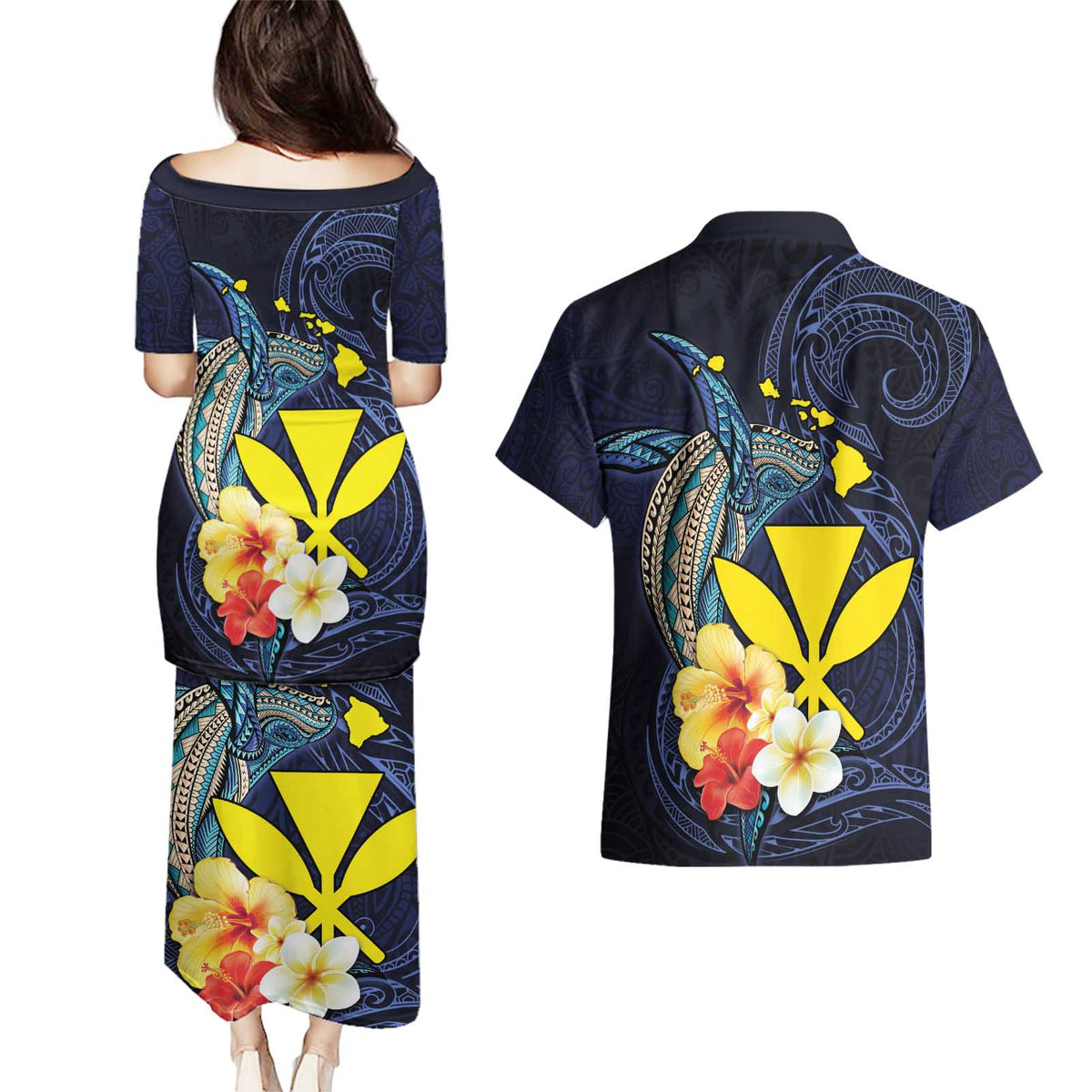 Hawaiian Whale and Kanaka Maoli Symbol Couples Matching Puletasi and Hawaiian Shirt Hibiscus with Hawaii Map and Polynesian Tattoo Deep Sea Color